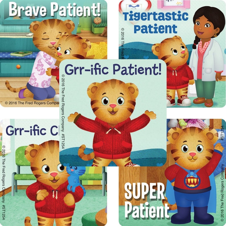May include: Four colorful stickers featuring Daniel Tiger from the PBS Kids show Daniel Tiger's Neighborhood. Each sticker features Daniel Tiger with a different message: "Brave Patient!" "Tigertastic Patient!" "Grr-ific Patient!" and "Super Patient!"