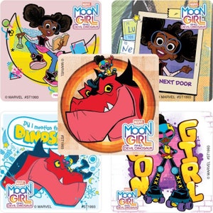 May include: A set of five stickers featuring the characters from the Marvel cartoon Moon Girl and Devil Dinosaur. The stickers feature the main character Moon Girl, Devil Dinosaur, and other characters from the show. The stickers are colorful and feature a variety of scenes from the show.