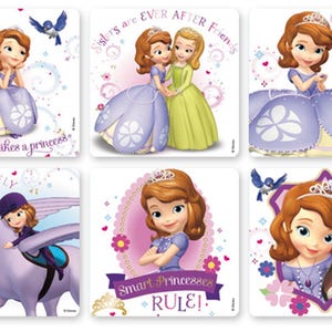 May include: Six colorful stickers featuring a young princess with brown hair and a purple dress. The stickers have different sayings, including "Sisters are Ever After Friends", "What powers does the Amulet hold?", "Born to Fly", and "Smart Princesses Rule!"