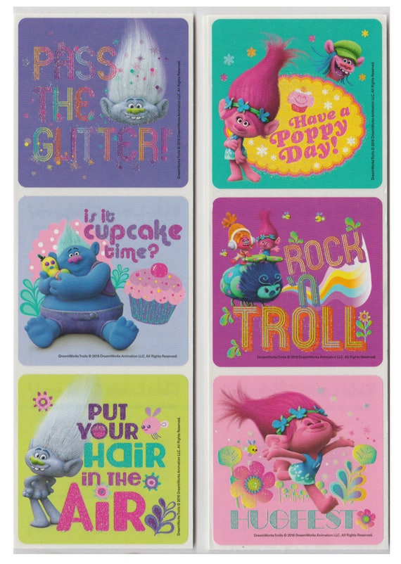 25 Trolls Movie GLITTER STICKERS Party Favor Teacher Supplies Treat Bag Birthday