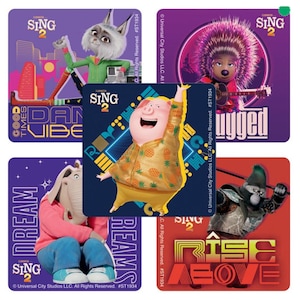 May include: A collection of five square stickers featuring characters from the animated movie "Sing 2." Each sticker has a different character in vibrant colors, with text like "Good Times," "Dream," and "Rise Above."