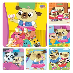 May include: A collection of colorful square stickers featuring cartoon pugs and other characters. The pugs are depicted in various outfits and settings, including a car, a police uniform, and holding toys. The stickers have a playful and cheerful design.