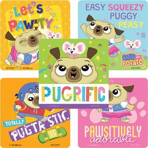 May include: A set of square stickers with cartoon pugs and mice. The stickers feature phrases such as "Let's PAWTY" and "PUGRIFIC". The designs are in various colours, including yellow, blue, green, and pink. The stickers are ideal for children.
