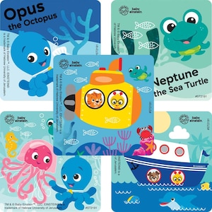 May include: Set of Baby Einstein themed square cards featuring aquatic characters. Includes Opus the Octopus, Neptune the Sea Turtle, a yellow submarine with animal faces, a pink jellyfish, and a blue boat with animal faces.