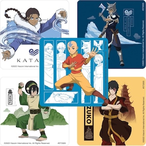 May include: Four stickers featuring characters from the animated television series Avatar: The Last Airbender. The stickers feature Katara, Aang, Toph, and Zuko. Each sticker has a different background color and features the character's name in a stylized font.