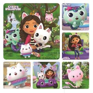May include: A collection of Gabby's Dollhouse character images. The images feature Gabby, Cakey Cat, Mercat, and Kitty Fairy. The characters are depicted in various poses and settings, with vibrant colors and playful designs. The Gabby's Dollhouse logo is visible.