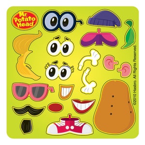 May include: A set of Mr. Potato Head stickers featuring a variety of facial features, including eyes, mouths, noses, ears, and hair. The stickers are on a yellow background with the words "Mr. Potato Head" in a red circle.