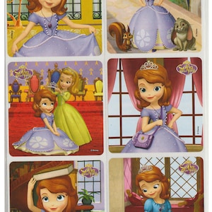 May include: A set of six stickers featuring Sofia the First, a Disney princess. Each sticker shows Sofia in a different pose and setting, including a scene with a squirrel and a rabbit, a scene with a crown, and a scene with a book. The stickers are all square and have a white border.