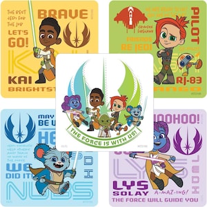 May include: A set of ten colorful Star Wars themed stickers featuring characters from the animated series Star Wars: The Bad Batch. The stickers feature characters like Kai Brightside,  Lys Solay, and RJ-83. The stickers have text that says "The Force is with us!" and "The Force will guide you!"