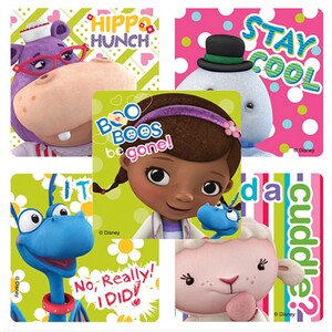 May include: A set of 6 Doctor McStuffins stickers featuring various characters from the show. The stickers feature a purple hippo, a snowman, a blue dragon, a sheep, and Doctor McStuffins. The stickers have various phrases on them, including "Hippo Hunch", "Stay Cool", "Boo Boos be gone", "No, Really! I Did", "da cuddle?" and "It".