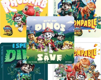 25 pegatinas (con licencia) de la película de dinosaurios de Paw Patrol, 6,35 x 6,35 cm cada una.