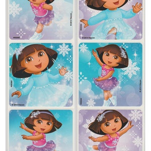 May include: A set of six stickers featuring Dora the Explorer ice skating. Dora is wearing a blue and purple dress and ice skates. The background is a blue and purple winter scene with snowflakes.