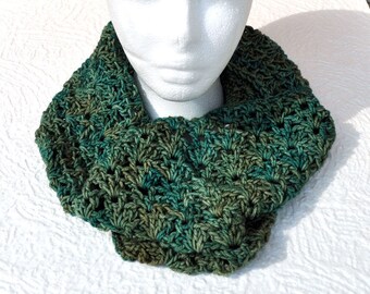 Super soft, hand crocheted Infinity Scarf / Hood in shades of green Malabrigo yarn