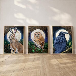 Pagan Spirit Animal Set of 3 (Hare Owl & Raven) Fine Art Prints, Witchy Goddess Wall Art, Celtic Lunar Magic Decor, Ancient British Folklore
