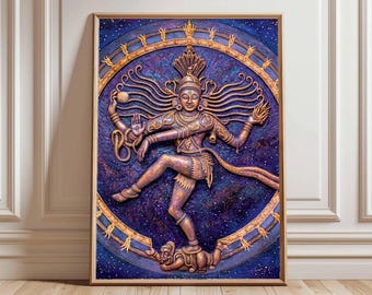 ナタラージャ宇宙の踊り子プリント、紫色のシヴァ神、ヒンドゥー教の神、スピリチュアルヨガのウォールアート