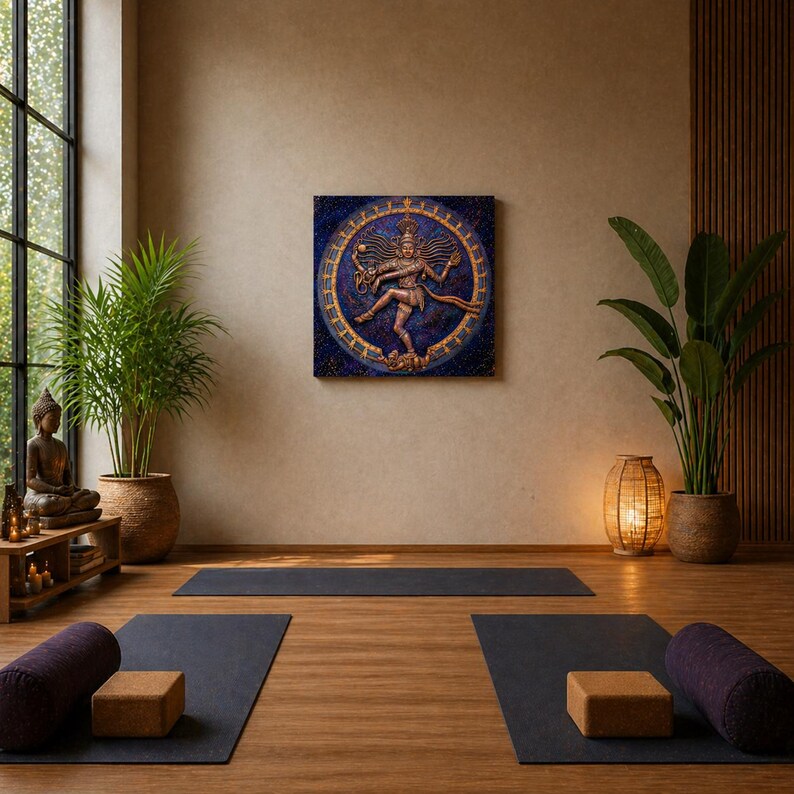 以下が含まれることがあります： 大きな窓、植物、踊る人物を描いた額入りのアートワークを備えたヨガスタジオのインテリア。ヨガマット、ボルスター、ブロックが木製の床に配置されています。仏像が木製の棚に置かれています。