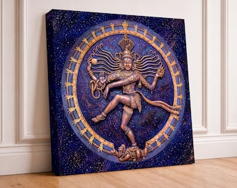 Purple Shiva Nataraja Canvas Wall Art, Square God of Dance Artwork, Eastern Spirituality Decor, Hindu Yoga Studio Canvas Print