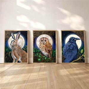 Imprimés animaliers esprit païen : lièvre, hibou, corbeau, déco lunaire sorcière