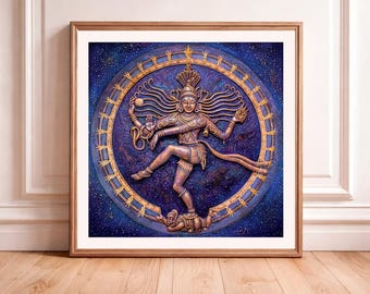 シヴァ・ナタラージャ宇宙の踊り子アートプリント、紫色のヒンドゥー教の神々ヨガスタジオ装飾
