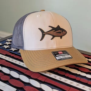 Bug Eye Tuna Leather Patch Trucker Hat - Richardson 112 Mink Beige/Light Steel/ABGD | Fishing | Saltwater | Ocean | Deep Sea | Boat | Fish