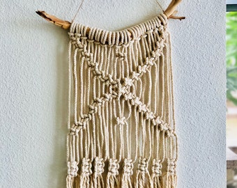 Macrame Fiber Art Wall Tapestry Natural Cotton Cord on Manzanita Branch One of a Kind Boho Retro 70s Style Decor