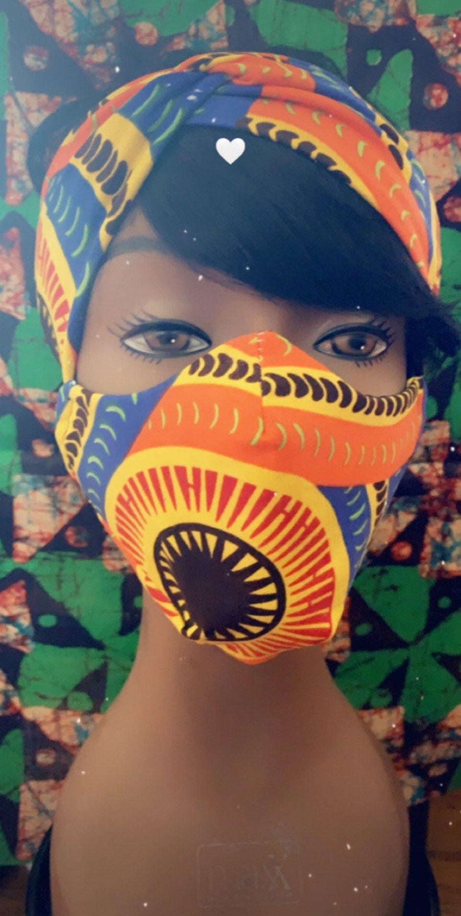 Orange , Yellow,blue and Green. Stretch African Print Turban Headband With  Matching Mask Set 