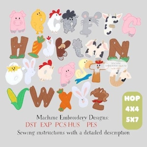 Conjunto de bordados com alfabeto de animais de fazenda (A-Z), padrão de letras de feltro, brinquedo educativo ABC, arquivo bastidor 4x4 para pré-escola
