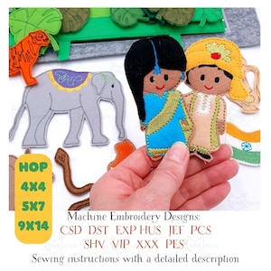 Pagina del libro tranquillo India e marionette da dito ITH, disegno da ricamo, set da gioco in feltro con animali della giungla, Taj Mahal, giocattolo educativo da scaricare