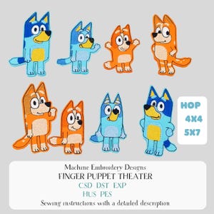 ITH Blue Heeler Dog Family Finger Puppet Embroidery Design Set, Aussie Cartoon Toy Pattern, 4x4 5x7 Hoop File