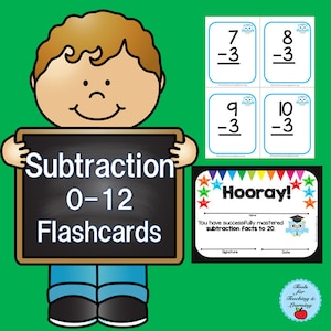 Puede incluir: Un conjunto colorido de tarjetas de memoria de resta con los números del 0 al 12. Las tarjetas de memoria están diseñadas con un búho de dibujos animados y un fondo de pizarra. Se incluye un certificado de finalización con el texto "¡Hurra! Has dominado con éxito los hechos de resta hasta el 20."