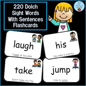 Puede incluir: Conjunto de 4 flashcards con ilustraciones en blanco y negro y frases. Las palabras son "laugh", "his", "take" y "jump".