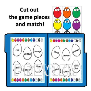 May include: A printable educational game for kids featuring colorful eggs with different colors and words. The game includes red, yellow, orange, gray, green, blue, white, black, brown, purple, dark blue, and pink eggs.
