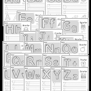 May include: A set of 26 alphabet tracing worksheets for kids. Each worksheet features a capital and lowercase letter with dotted lines for tracing. The worksheets also include a picture and word for each letter. For example, the letter D has a picture of a donut and the word "donut".