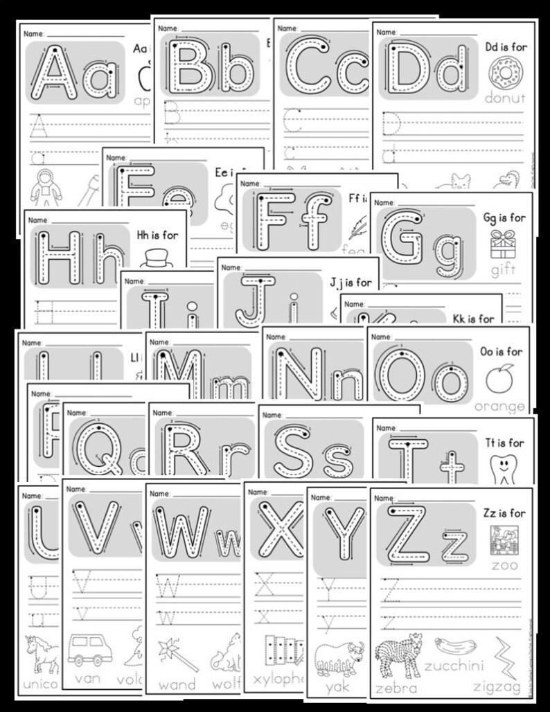 May include: A set of 26 alphabet tracing worksheets for kids. Each worksheet features a capital and lowercase letter with dotted lines for tracing. The worksheets also include a picture and word for each letter. For example, the letter D has a picture of a donut and the word "donut".