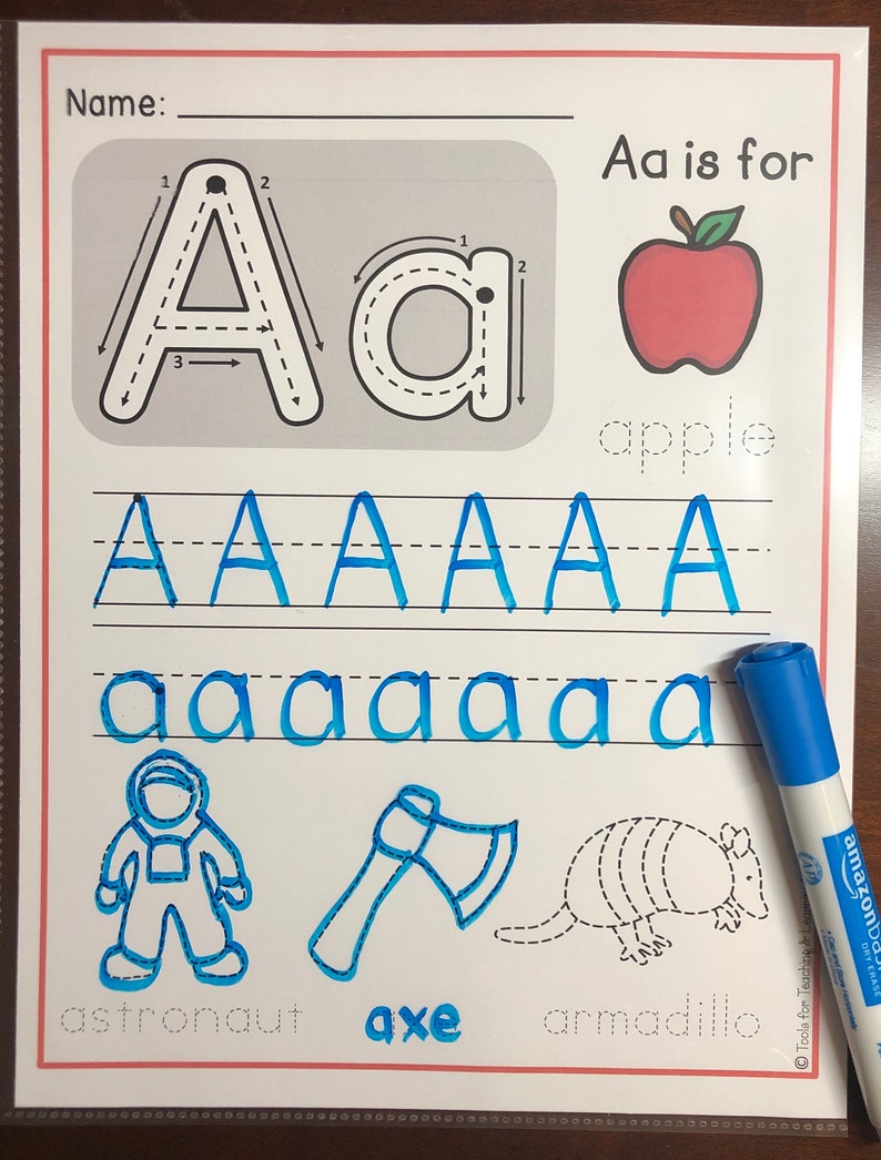 May include: A printable worksheet for learning the letter A. The worksheet includes tracing lines for the uppercase and lowercase letters, space to practice writing the letter, and pictures of an apple, astronaut, axe, and armadillo.