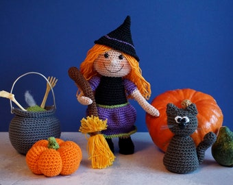Crochet pattern witch with cauldron, pumpkin and cat - PDF file
