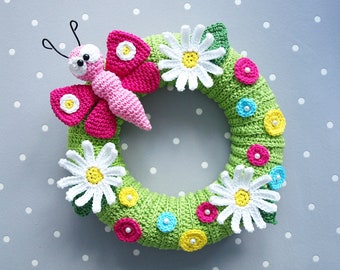 Crochet pattern door wreath with butterfly - PDF file in German