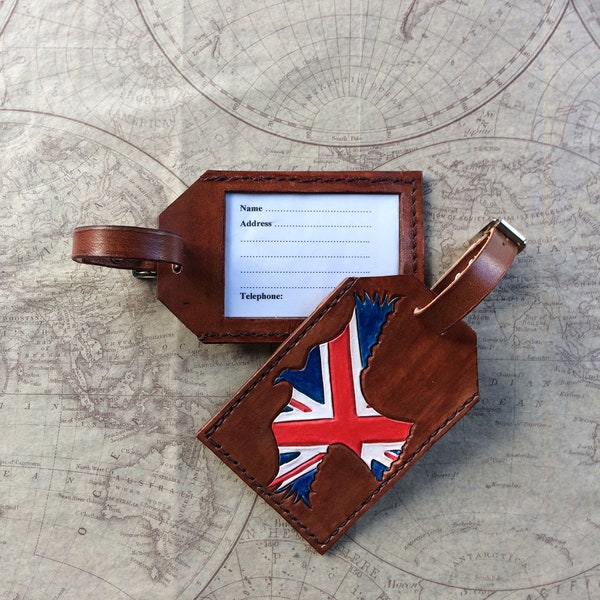 Chunky Luggage Tags, 'Soaring Eagle' with your country's flag, Tough leather, Hand carved, Bepoke, Individual, Easy to spot your suitcase.