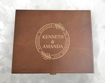 Personalized Walnut Finish Wedding Keepsake Box: Engraved Pine Wood Memory Box