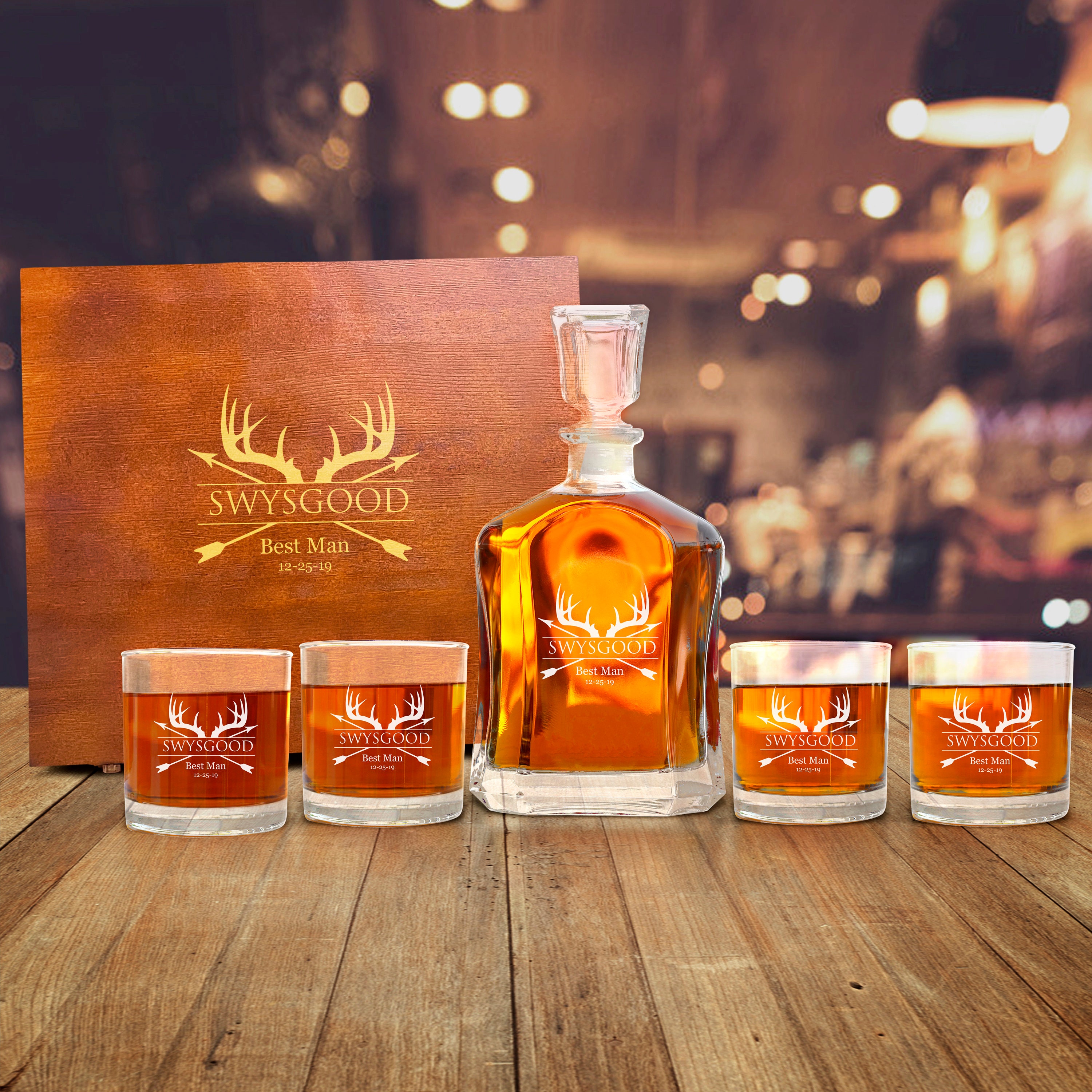 Personalized Antler Whiskey Decanter Set | Hunter Whiskey Set Gift |  Outdoorsman Gift