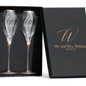 Personalized Gold rimmed Champagne Flutes Tulip Shape Toasting Glasses with box for Bride and Groom - Mr. And Mrs. Tulip Shape Glasses