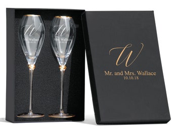 Personalized Gold rimmed Champagne Flutes Tulip Shape Toasting Glasses with box for Bride and Groom - Mr. And Mrs. Tulip Shape Glasses