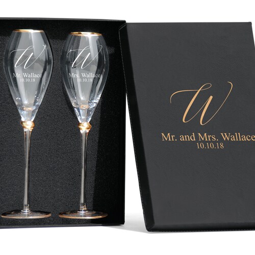 Personalized Gold Rimmed Champagne Flutes Tulip Shape Toasting Etsy