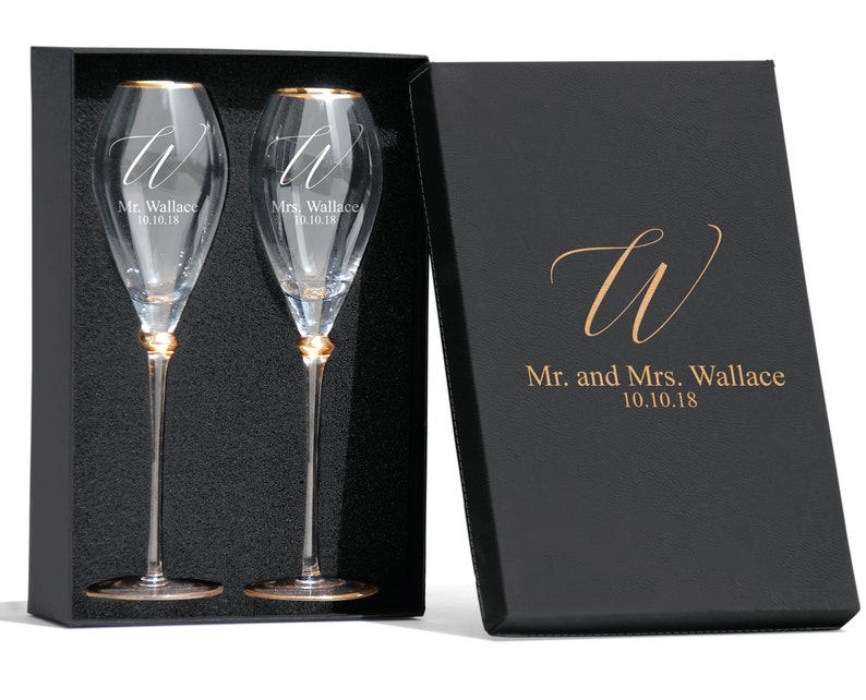 Personalized Gold rimmed Champagne Flutes Tulip Shape Toasting Glasses With Box