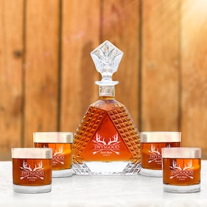 Housewarming Decanter set with whiskey glasses, Classy Triangle decanter set, Custom Decanter set,whiskey Decanter with glass-Shield Design
