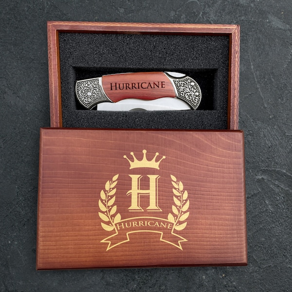 Personalized Engraved Pocket Knife, Engraved Folding Pocket Knife with Wooden Box, 7.25in Engraved Pocket Knife, Hunting Knife For Men