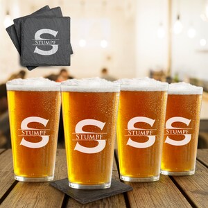Personalize Beer glass set of 4 with Coasters, Premium Engraved Pint glasses,Groomsmen Gift Wedding Christmas Gift- Initial Design