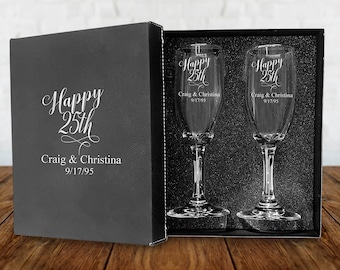 Set of 2 champagne flues, 25th anniversary Champagne glass engraved,Wedding Champagne Flutes, Engraved Wedding Glasses,Custom