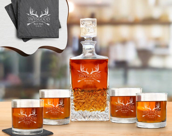 Personalized Whiskey Decanter Set: Deer Antler Design with Coasters