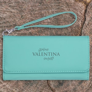 Cartera verde azulado personalizada para mujer, cartera larga personalizada para mujer, regalo del día de la madre para ella, embragues lindos para mujer, diseño de hoja linda